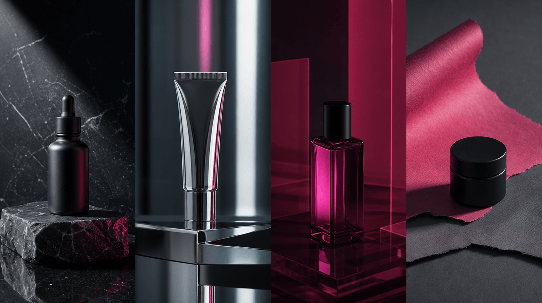 Four distinct product-stage environments flowing across one wide cinematic composition: polished stone, brushed chrome, 