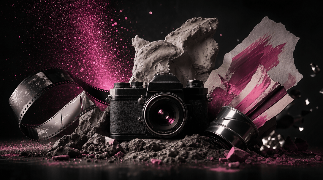 A wide cinematic studio composition featuring several distinct creative materials converging around one central subject: