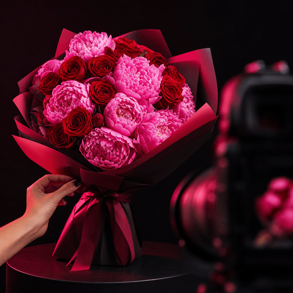A modern wrapped bouquet of saturated pink peonies and red roses prepared for an ecommerce campaign, photographed agains