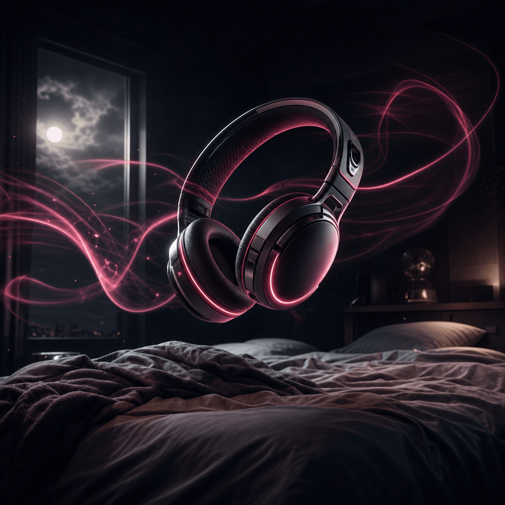 A pair of futuristic headphones floating above an unmade bed as thin ribbons of light curl through the air like visible 