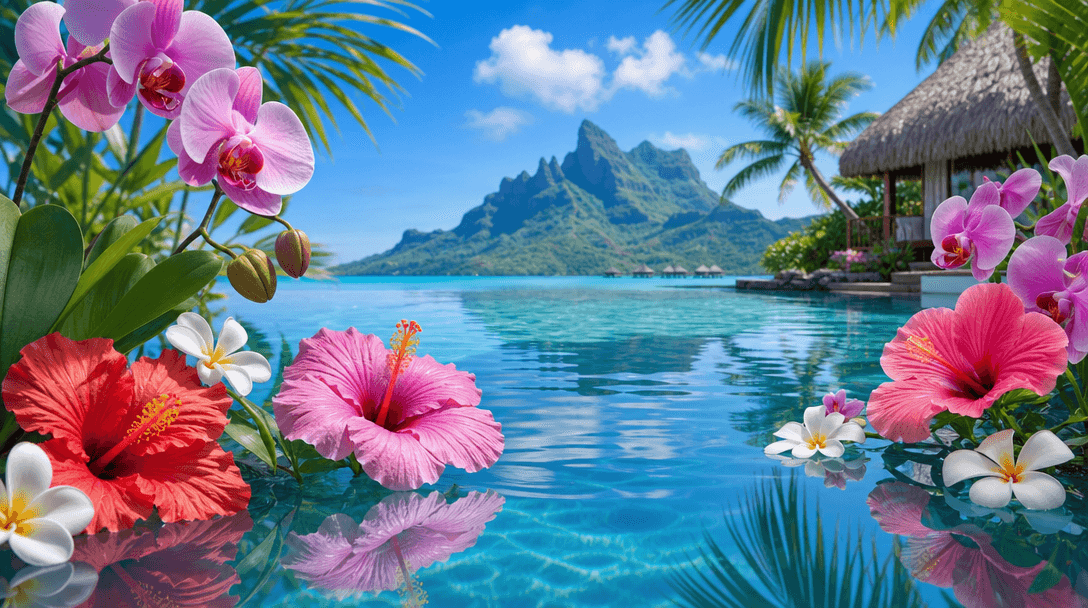 Tropical flowers—orchids, hibiscus—reflected in pristine blue lagoon water. Botanical luxury, serene spa aesthetic, aspi