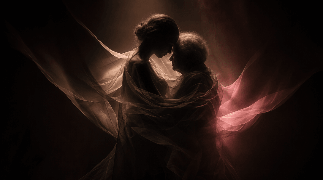 Two human silhouettes of different ages converging into one embrace, created with layered fabric shadows and warm light 