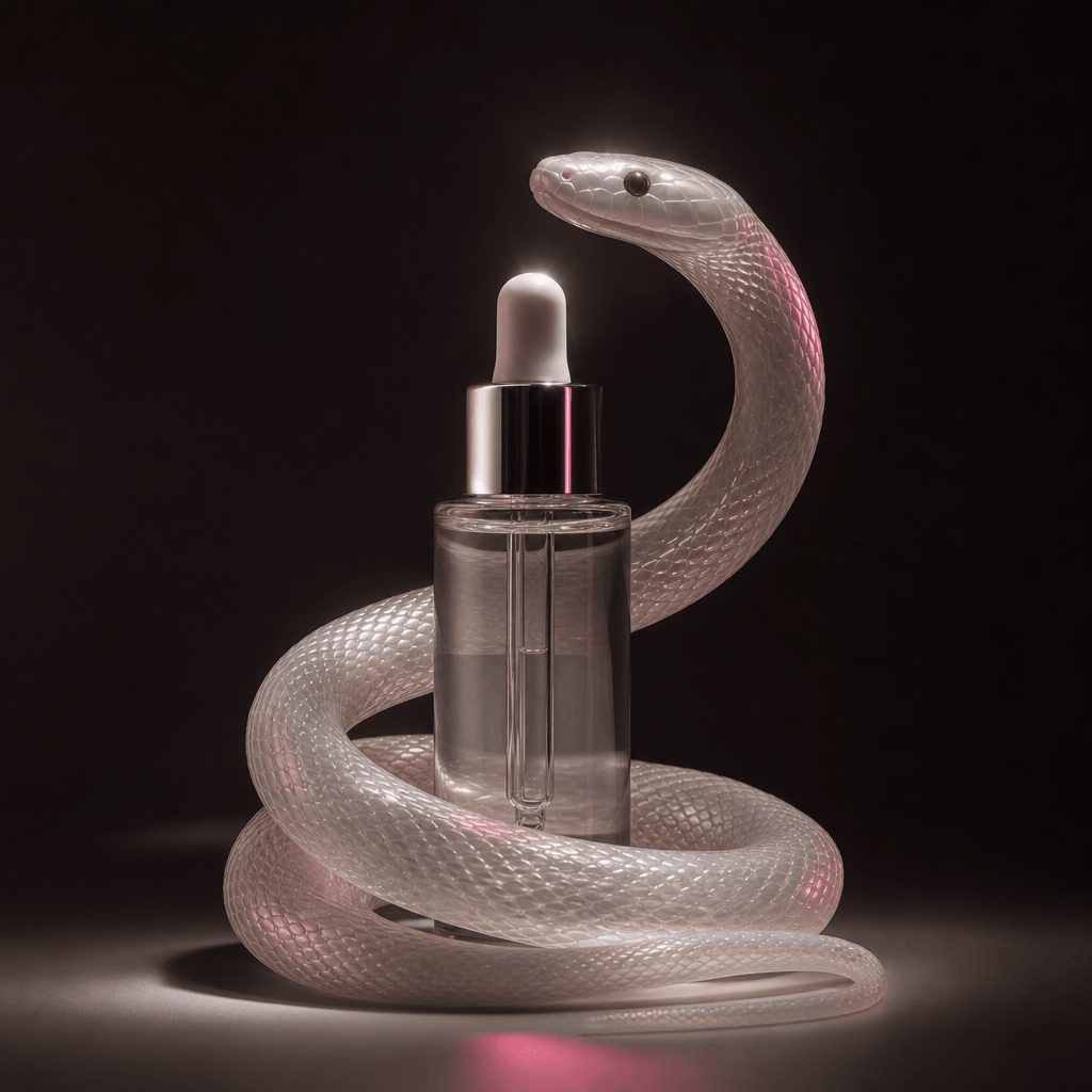 A minimalist skincare serum bottle surrounded by a translucent pearl-white snake coil, deep charcoal set, soft off-white
