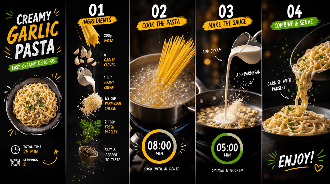 Animated text appearing in sequence with ingredients flowing down. Cooking times updating, step numbers incrementing, mo