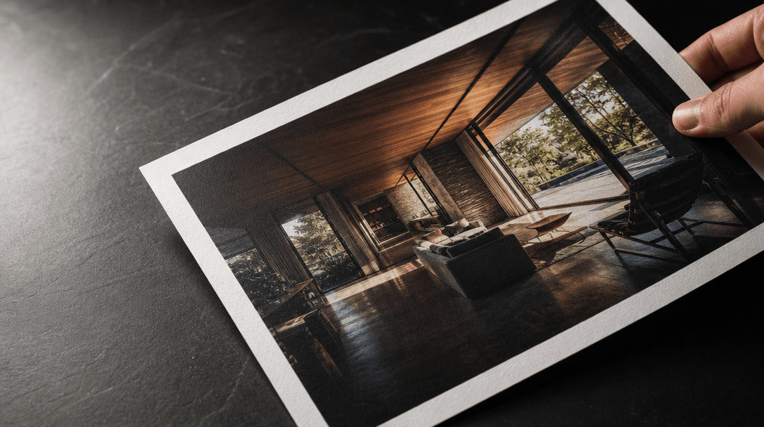 Close-up still of a printed high-resolution architectural photograph being placed onto a smooth dark slate desk surface.