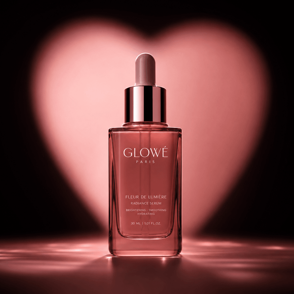 Heart spotlight effect on premium cosmetic product, warm pink lighting, luxury beauty editorial style, dark background, 