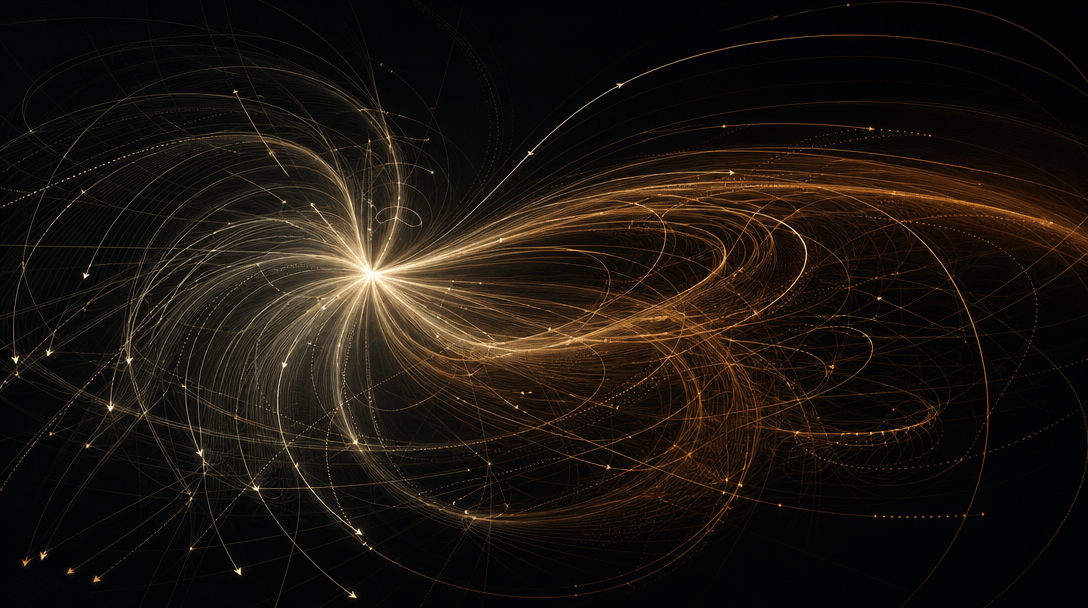Abstract dark composition: layered translucent motion vectors and trajectory arcs flowing from a central luminous origin