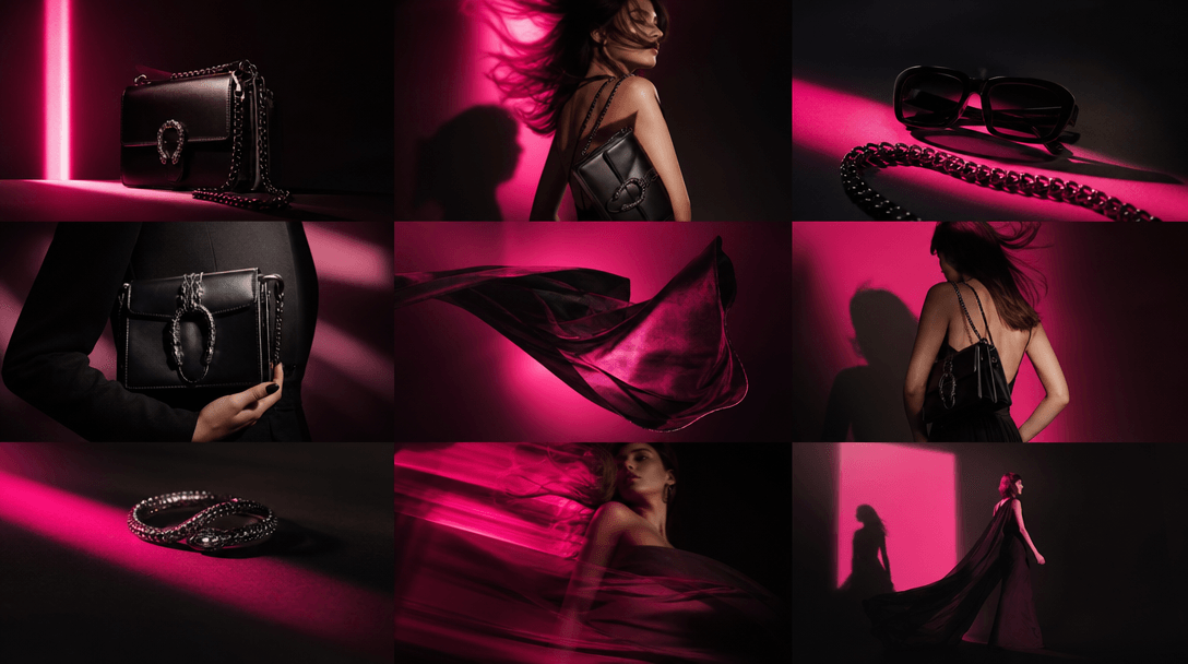 A branded accessory collection transitioning into a wider campaign world through layered product shadows, projected ligh