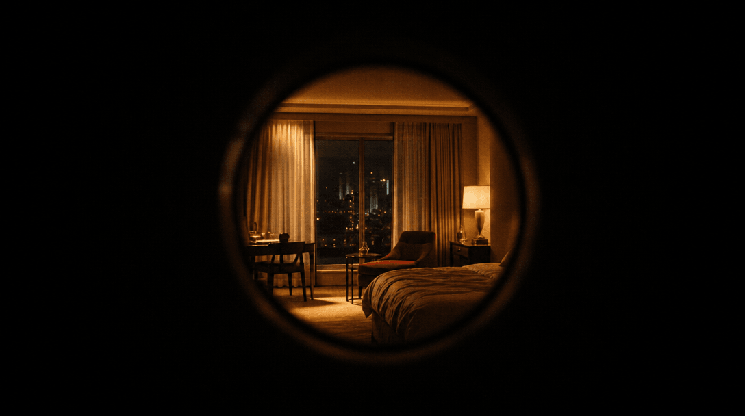 Abstract cinematic vignette aperture — a perfect circle of deep black surrounding a luminous warm hotel room interior, l