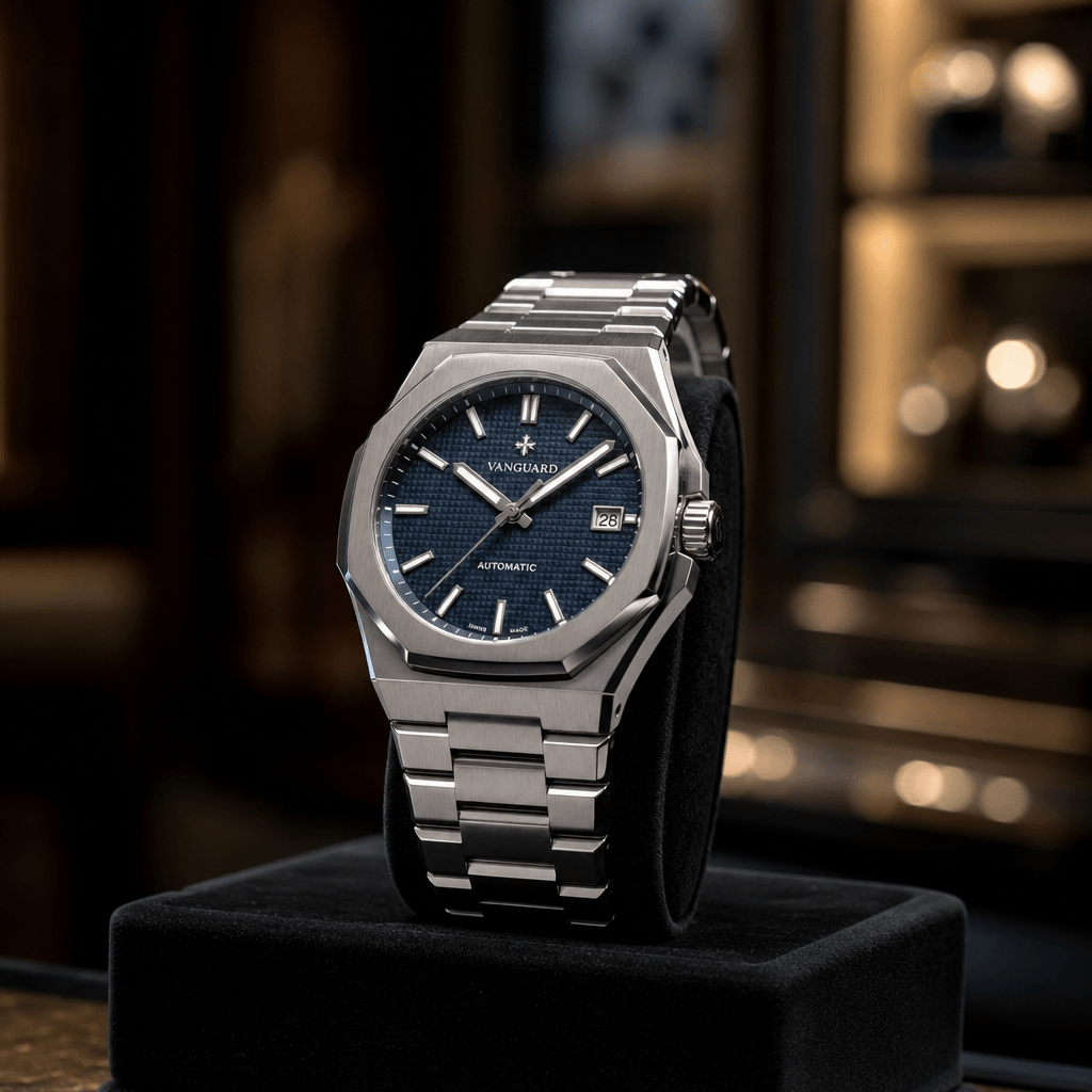 A stainless steel luxury watch displayed on a dark velvet stand. Studio lighting emphasizes the metal finish and crystal
