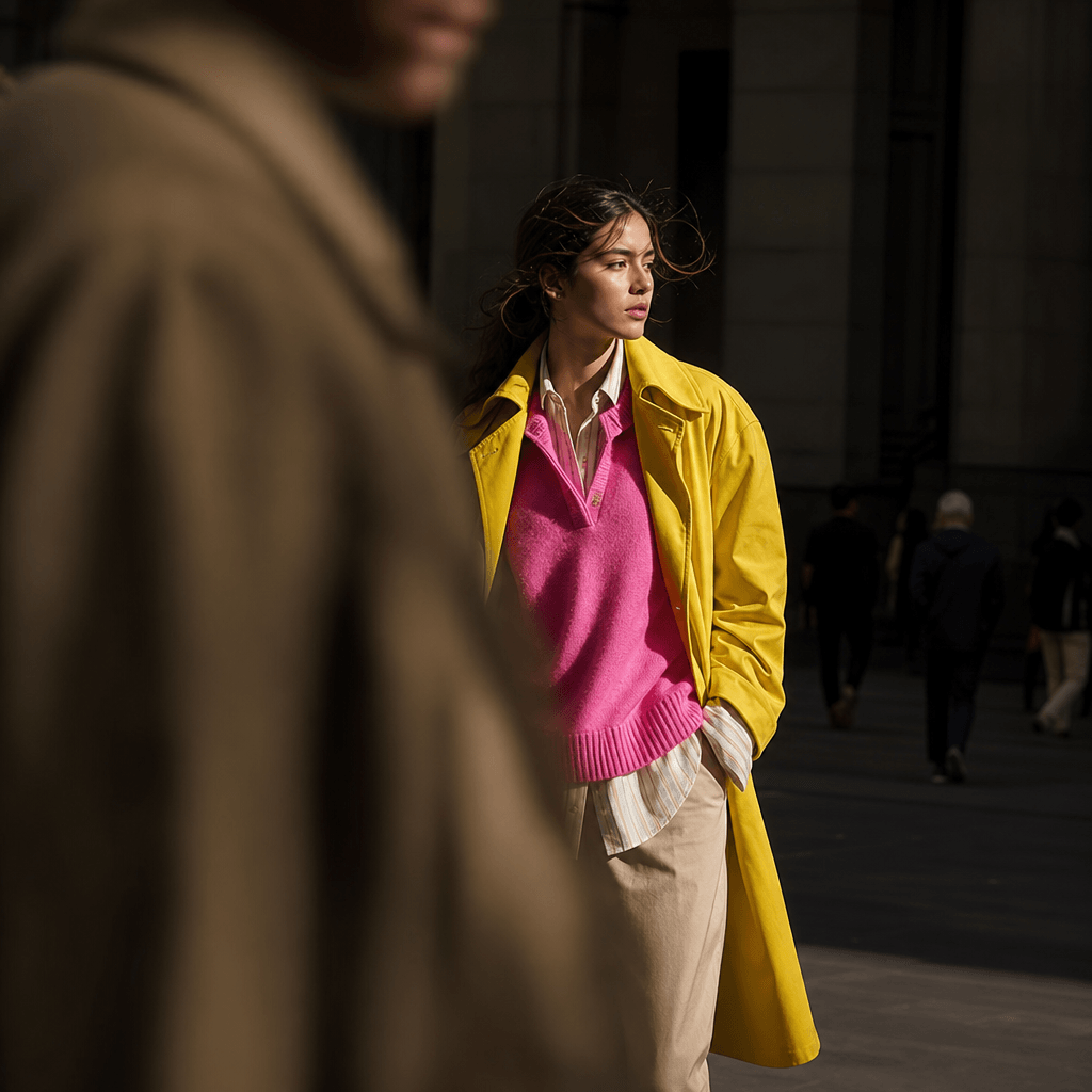 Bright layered casual outfit on a model in a shadowy urban plaza, a passerby close to the lens creating a soft cinematic