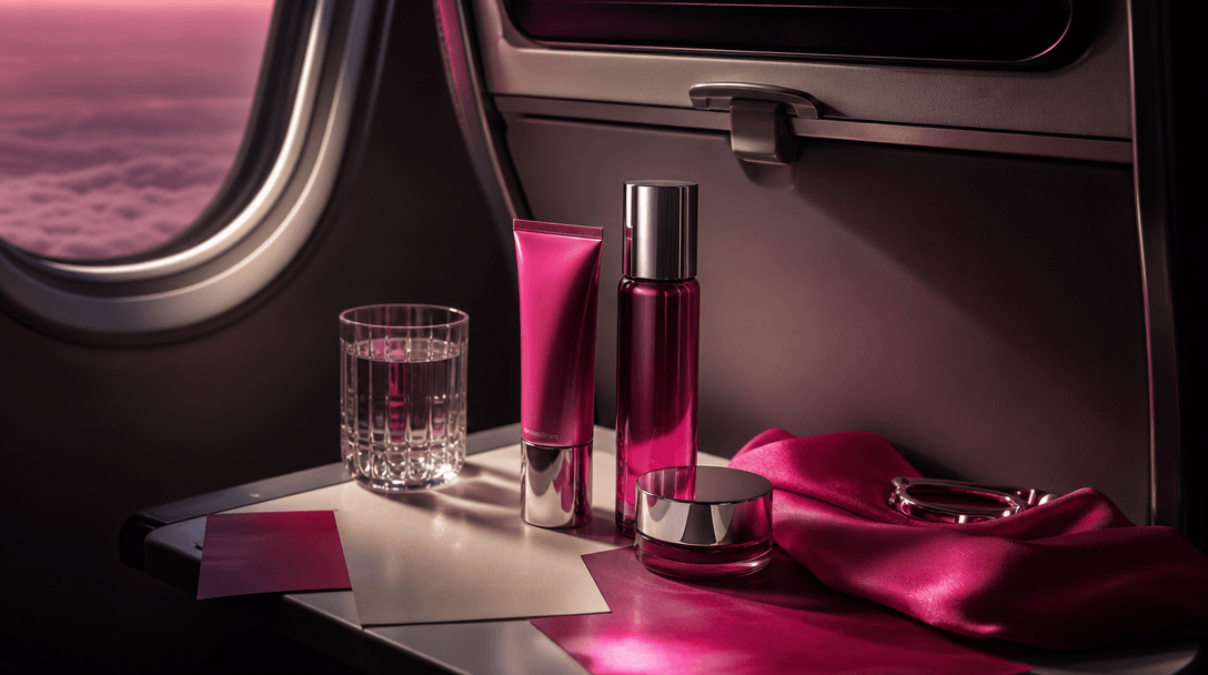 A beauty product campaign evolving from raw packshot materials into a complete airplane seatback scene, represented phys