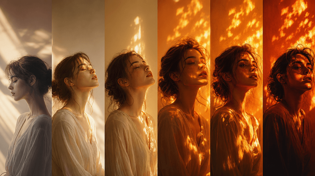 Color palette warm-shifting transformation, lighting intensity gradually evolving from soft to intense, mood customizati