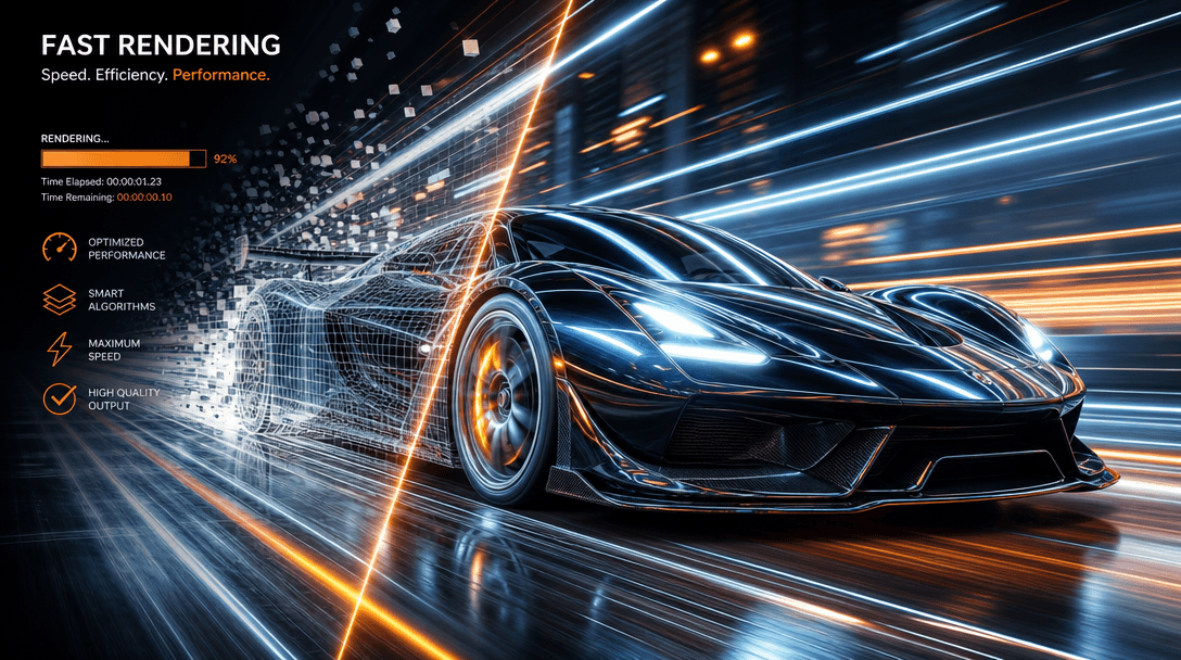 A visually appealing representation of fast rendering, showcasing dynamic light play and textures that evoke speed and e