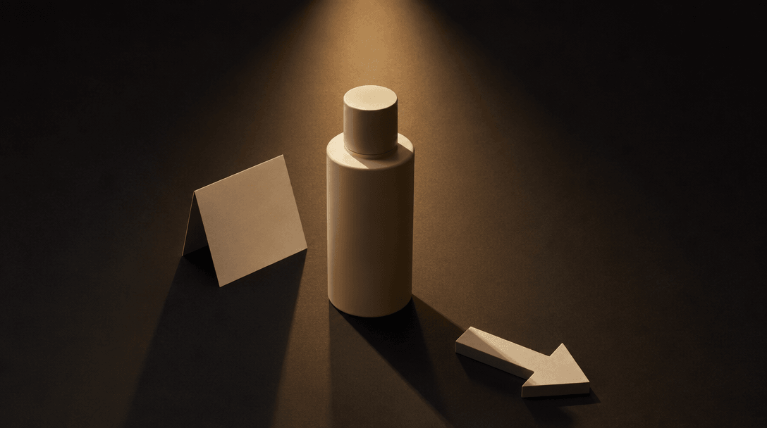 Abstract flat editorial composition on a deep dark matte surface: a product bottle at center, a small folded paper card 
