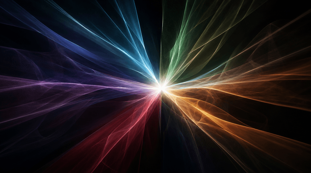 Abstract dark studio scene: multiple translucent light planes in different subtle hues — each suggesting a distinct crea
