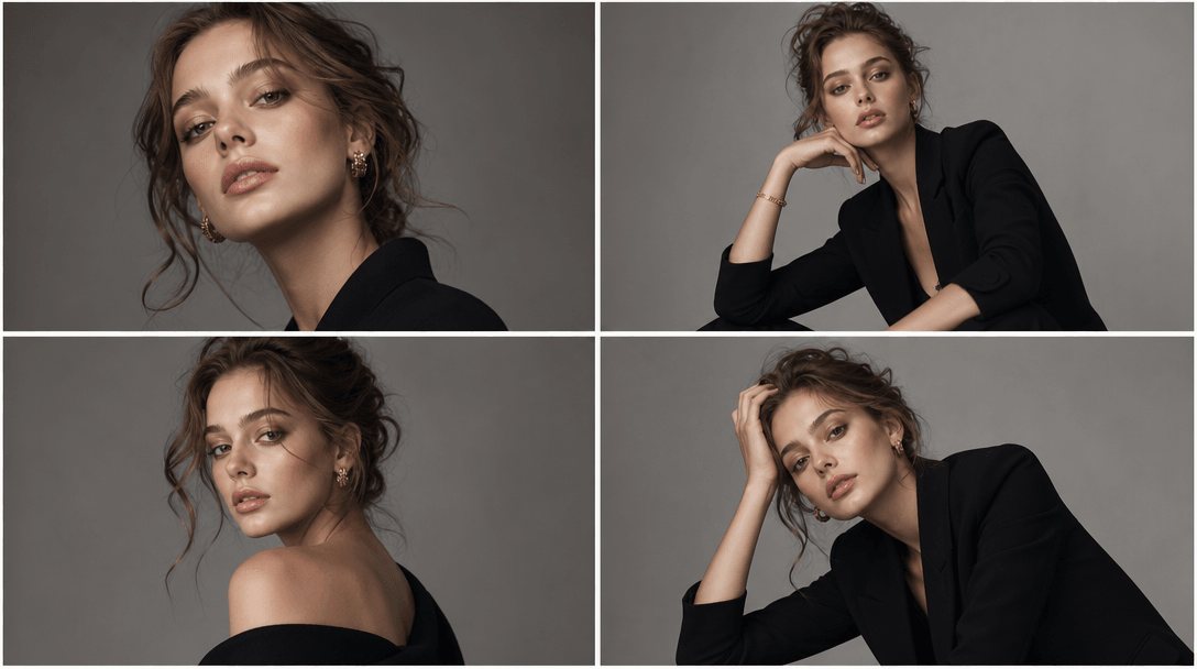 Grid layout of 4 different portrait compositions, varied angles and framing, fashion editorial poses, consistency in lig