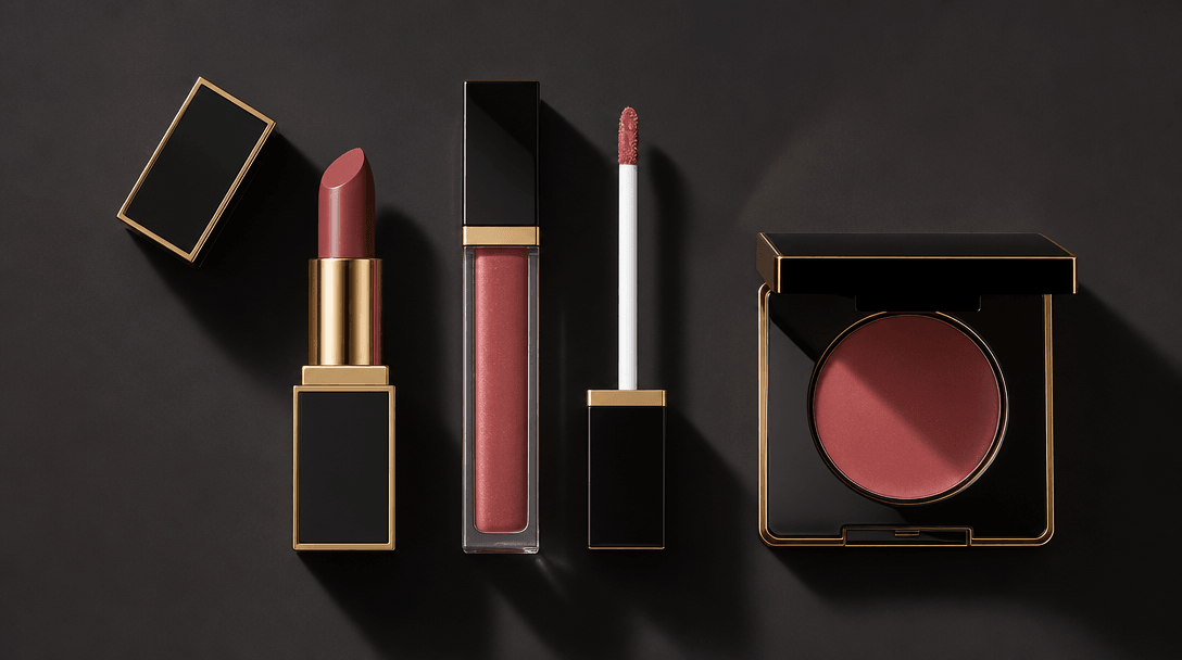 Flat-lay editorial arrangement of three luxury lip products on a smooth dark surface — matte lipstick, gloss wand, and l