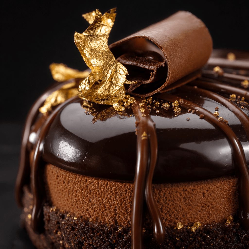 Artisanal luxury dessert with gold leaf, glossy chocolate ganache drizzle, and delicate pastry work. Dark background. St