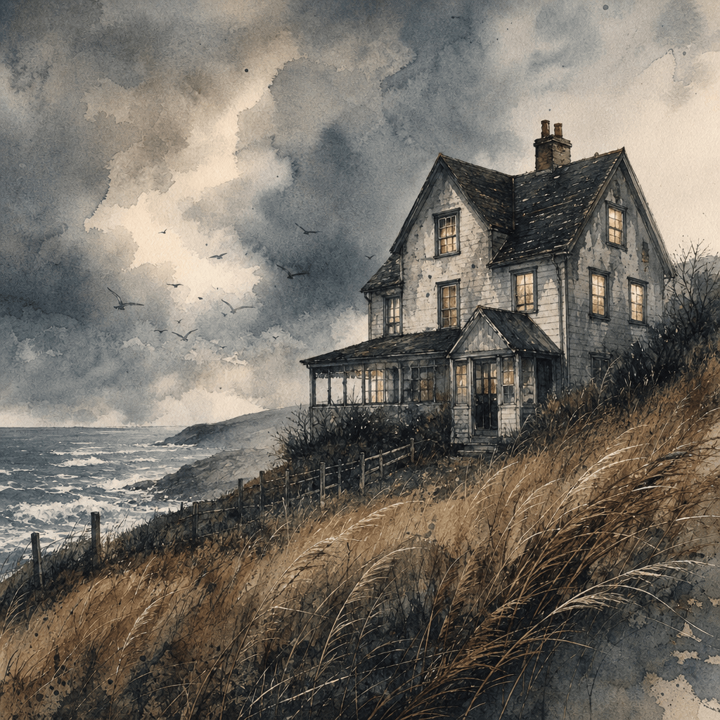 A delicate ink-and-watercolor illustration of a weathered coastal house during a gathering storm, wind moving through ta
