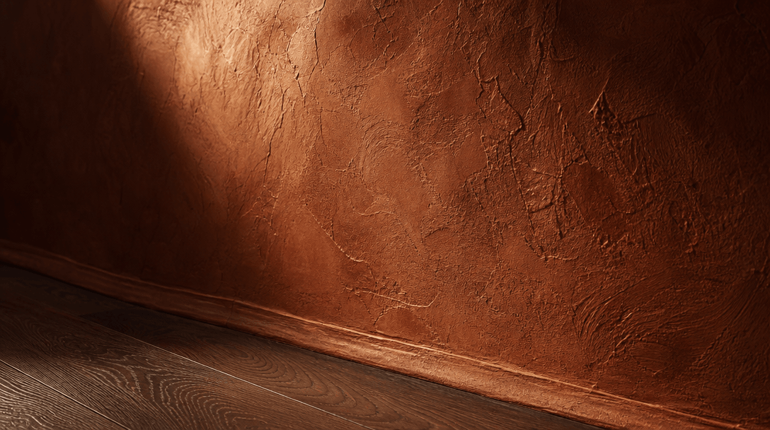 Atmospheric interior material study: extreme close-up of a richly textured wall surface — warm terracotta Venetian plast