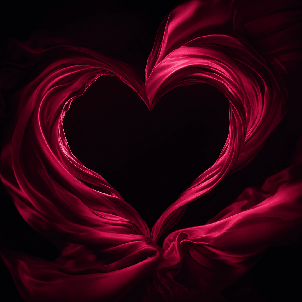 Empty heart-shaped portal formed from luminous ruby silk in a near-black studio, dramatic folds suspended in motion, foc