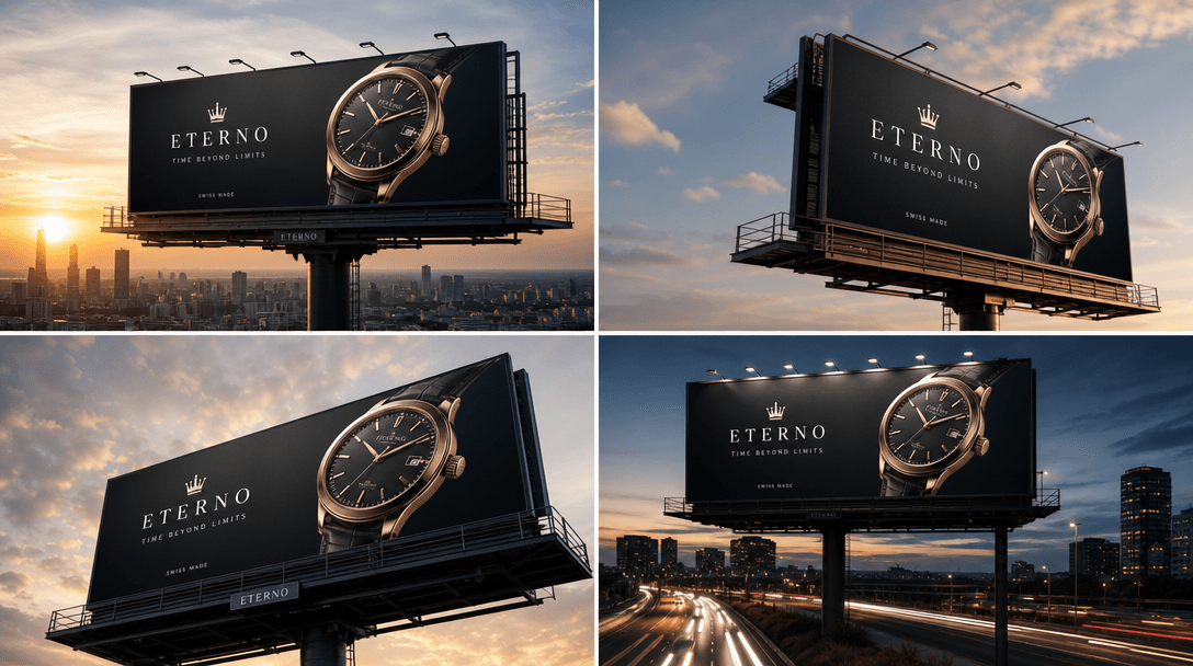 Smooth camera motion around billboard structure, dynamic perspective shift showing billboard from multiple viewing angle