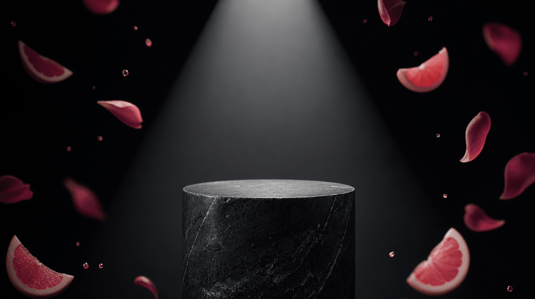 A clean black stone pedestal held in a precise cone of studio light while fruit slices and petals orbit softly at the ed