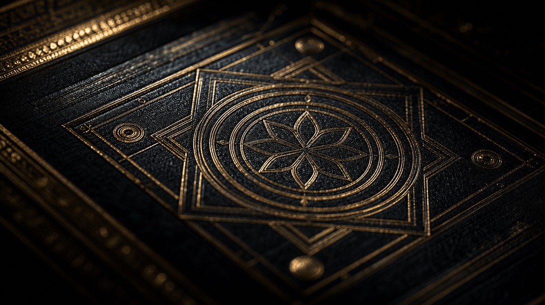 Abstract editorial material study for cinematic cover craft: extreme macro close-up of a richly embossed hardcover surfa