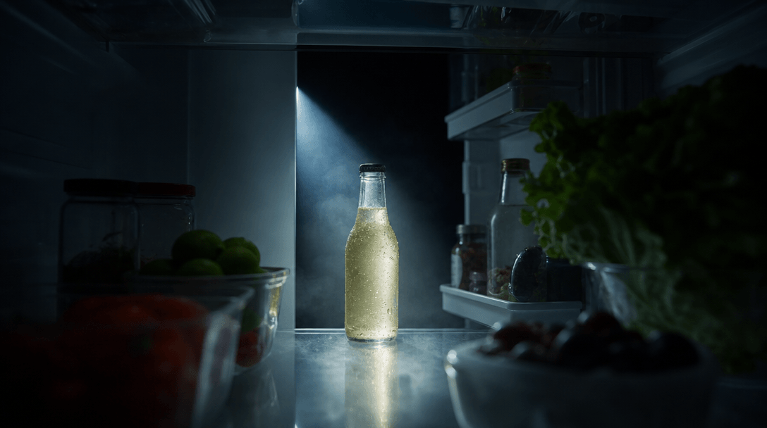 Refrigerator door opening into darkness to reveal one illuminated beverage bottle on a glass shelf, viewpoint from deep 