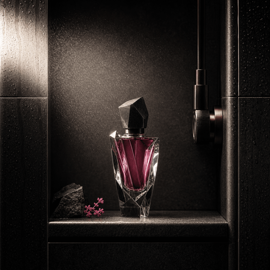 A sculptural perfume bottle centered inside a tiled shower niche as a fine mist catches dramatic side light, dark editor