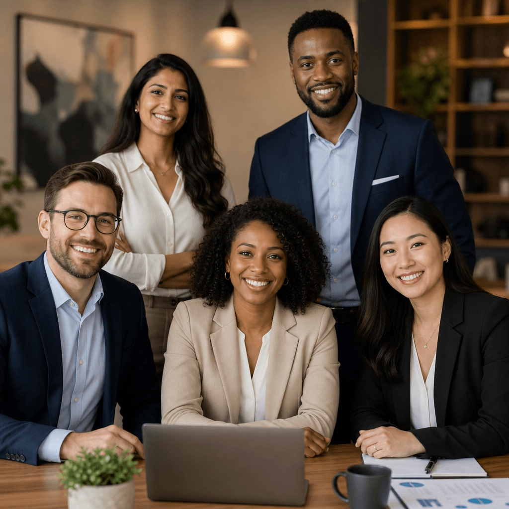 An elegant portrait of a diverse group of professionals, showcasing teamwork and collaboration. The image captures a war