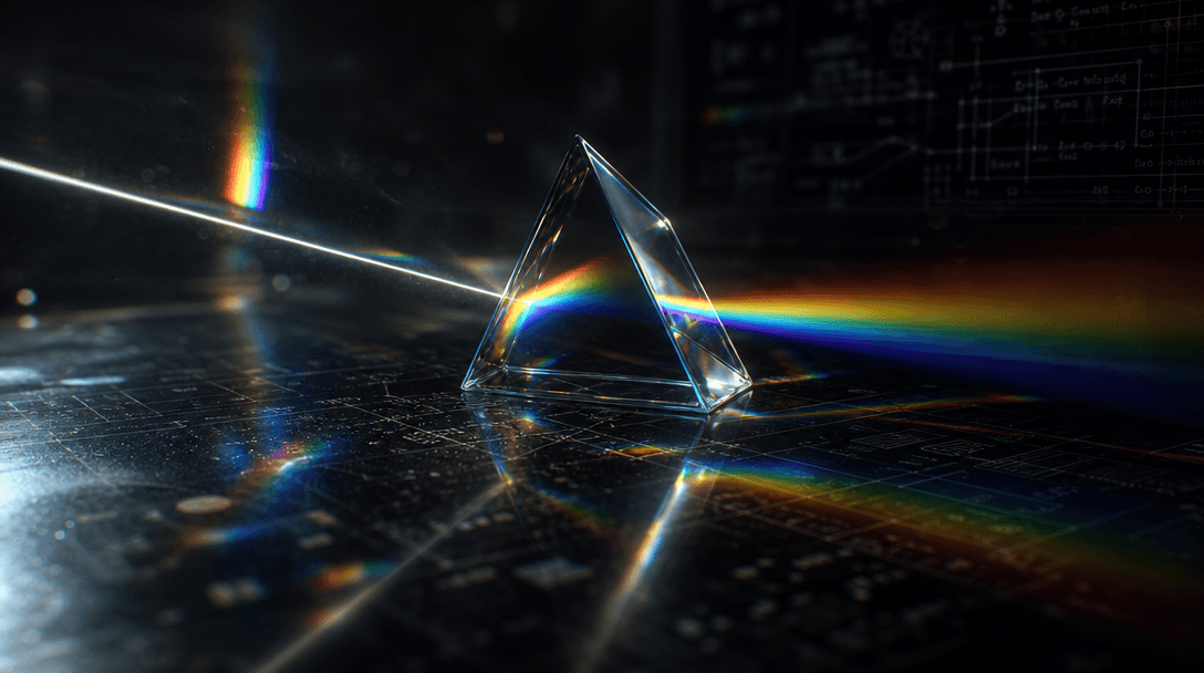 Abstract light rays refracting through a glass prism resting on a dark bench surface, rainbow spectrum diffraction sprea