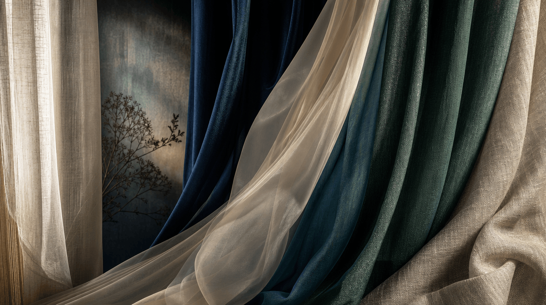 Abstract artistic composition showing variety through layered curtain fabrics in different styles overlapping: sheer, ve