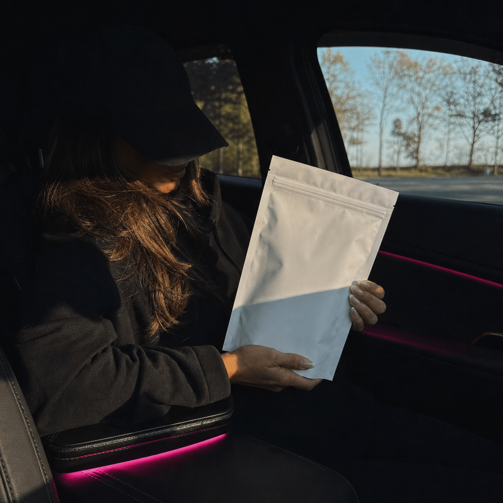 Square editorial image of an anonymous fitness creator in a parked car holding a minimal unbranded supplement pouch. Ear