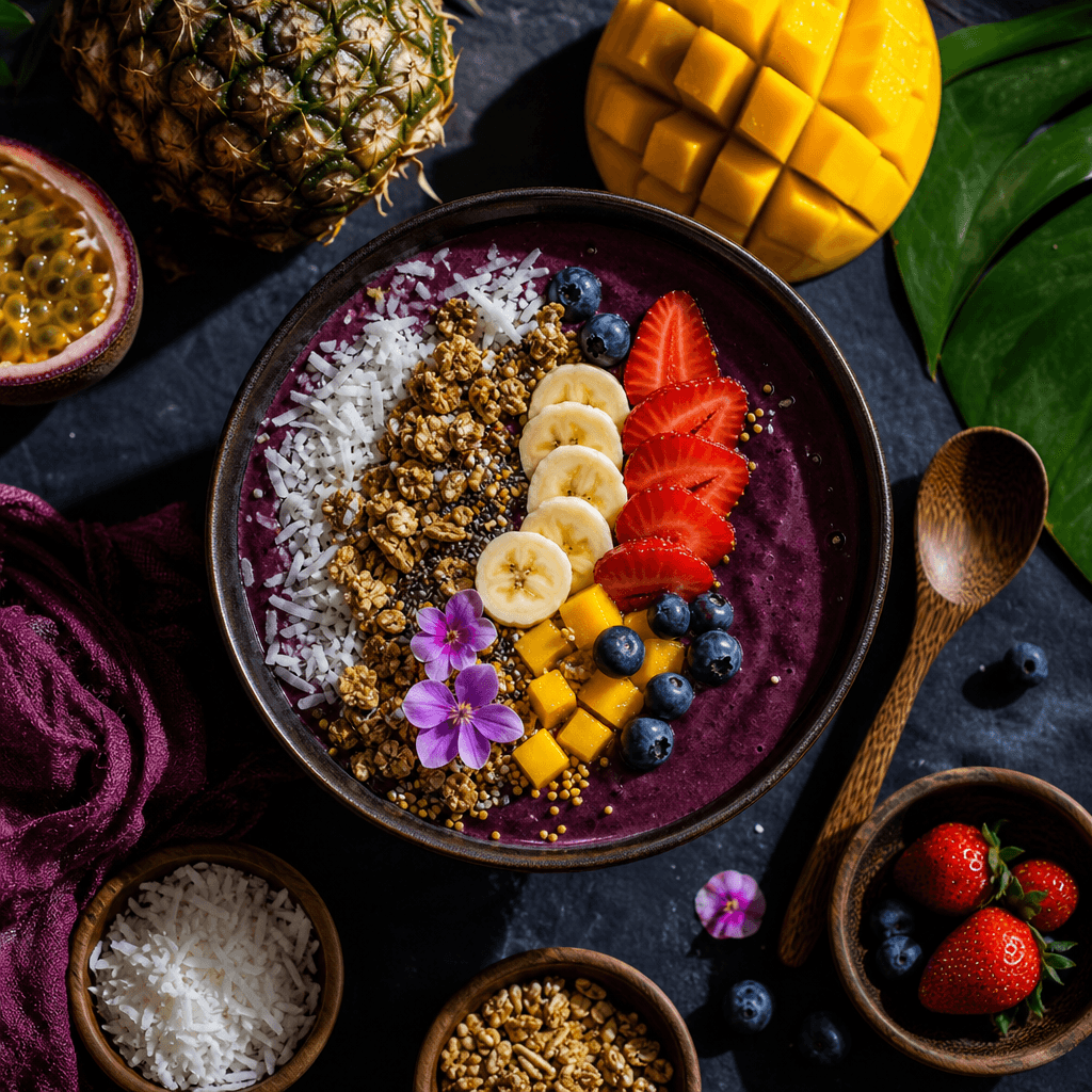 Overhead flat-lay of artisan food — vibrant acai bowl with fresh tropical fruit arranged on a dark slate surface, soft d