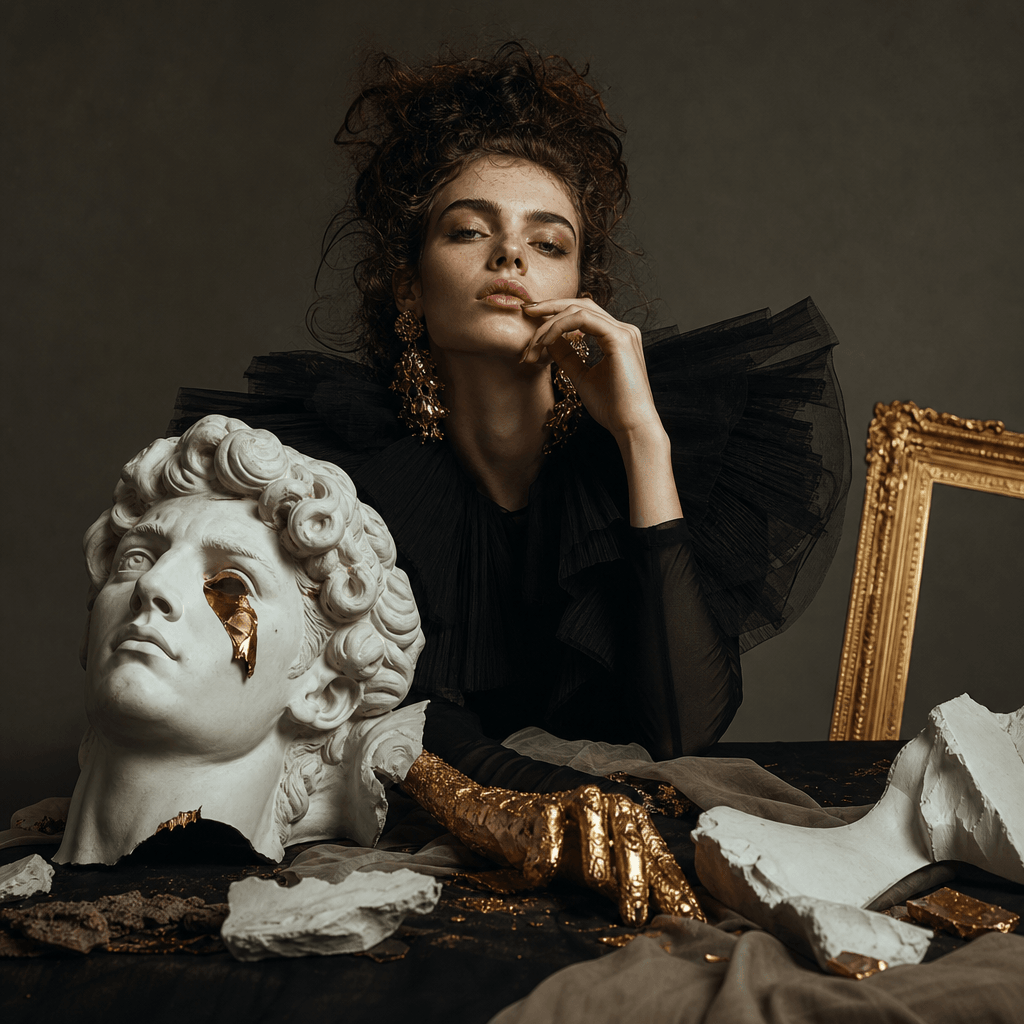 A creative high-fashion portrait featuring unique props and dramatic lighting, set in an elegant studio. The composition