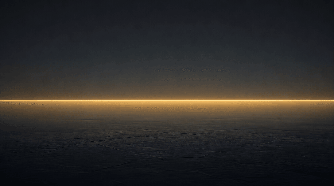 Minimalist geometric composition — a very dark slate foreground surface with a single thin line of golden horizon light 
