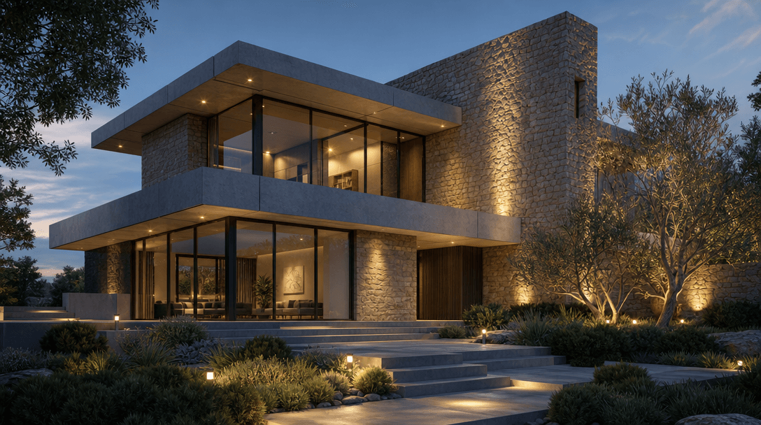High-fidelity architectural lighting render showing realistic shadows and reflections on building materials, professiona