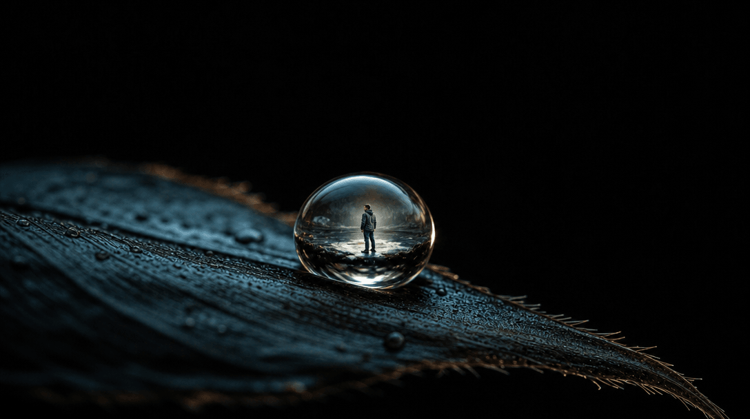 Abstract macro photography: a single raindrop on a dark leaf surface contains a perfectly reflected, intricately detaile