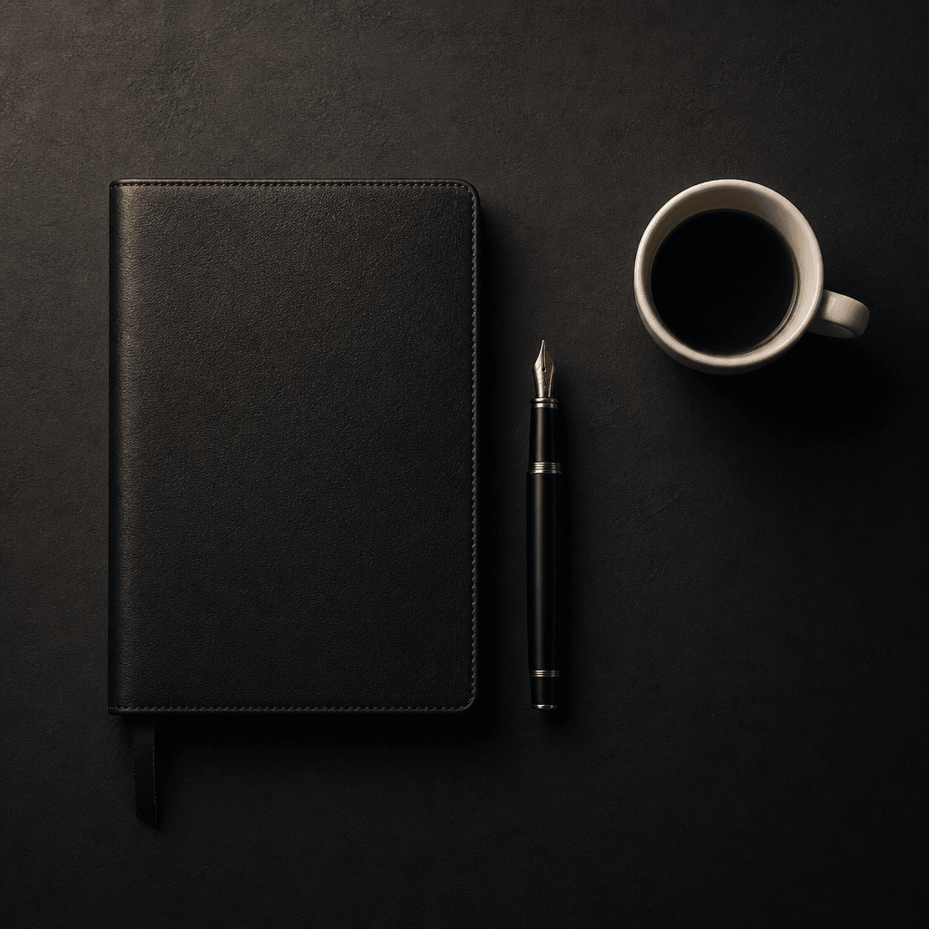 Overhead flat-lay editorial product shot of a dark matte leather notebook, gold-nib fountain pen, and a single white cer