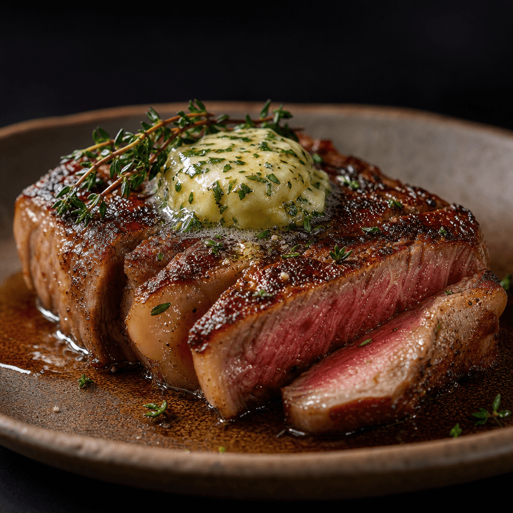 Perfectly seared wagyu steak resting on warm ceramic plate, herb butter melting across surface. Cinematic lighting highl
