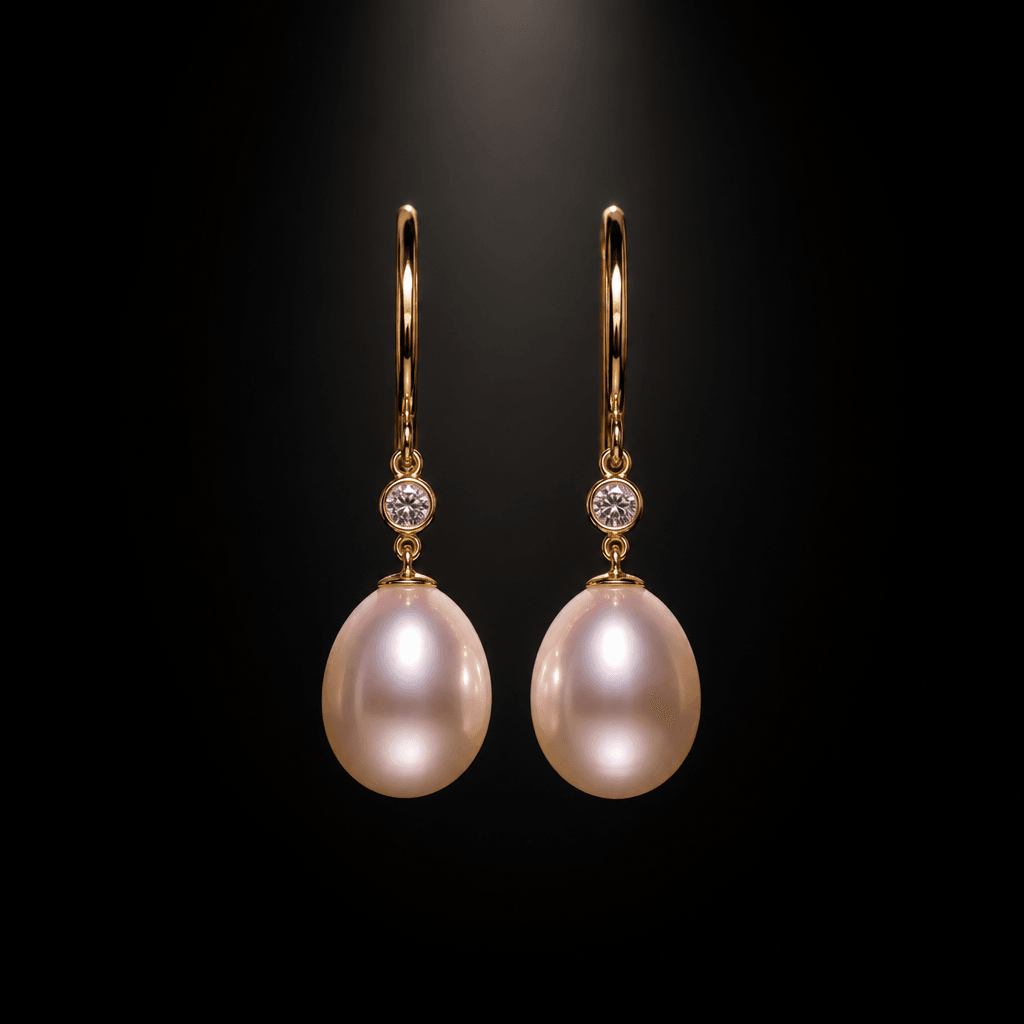 A pair of pearl drop earrings suspended against a near-black studio background, spotlit from directly above. Lustrous na
