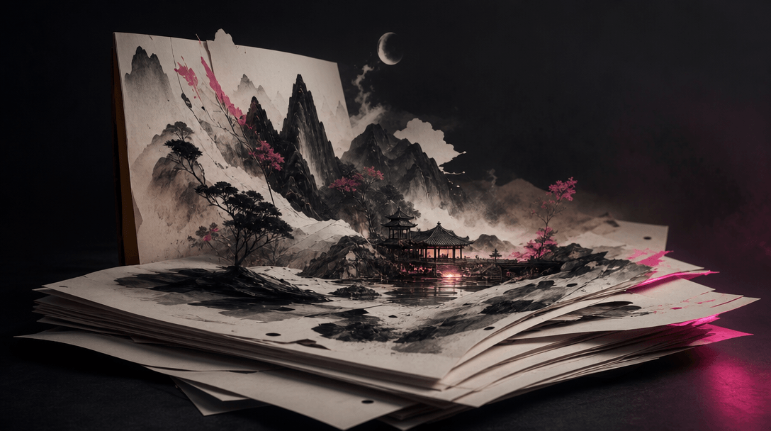 Loose manuscript pages transforming into a richly illustrated nocturnal landscape, typed forms dissolving abstractly int