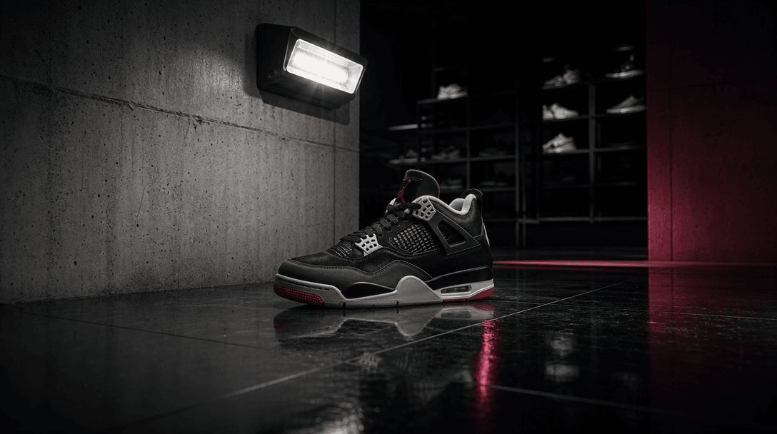 A premium sneaker placed unexpectedly on polished black tile beneath a stark industrial security light, distant retail s