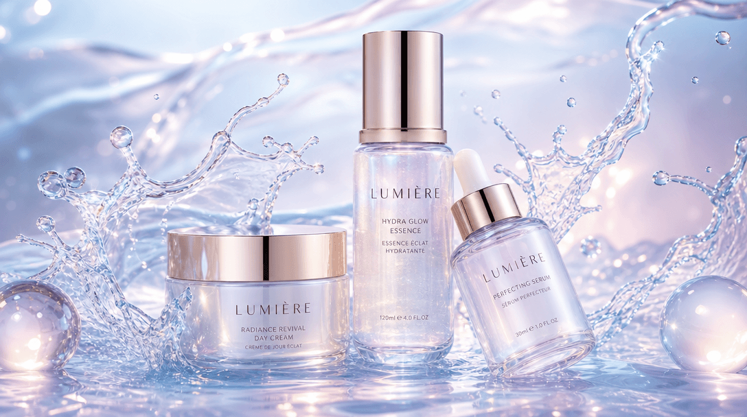 Luxury beauty products surrounded by translucent water effects, soft studio lighting with iridescent highlights, high-en