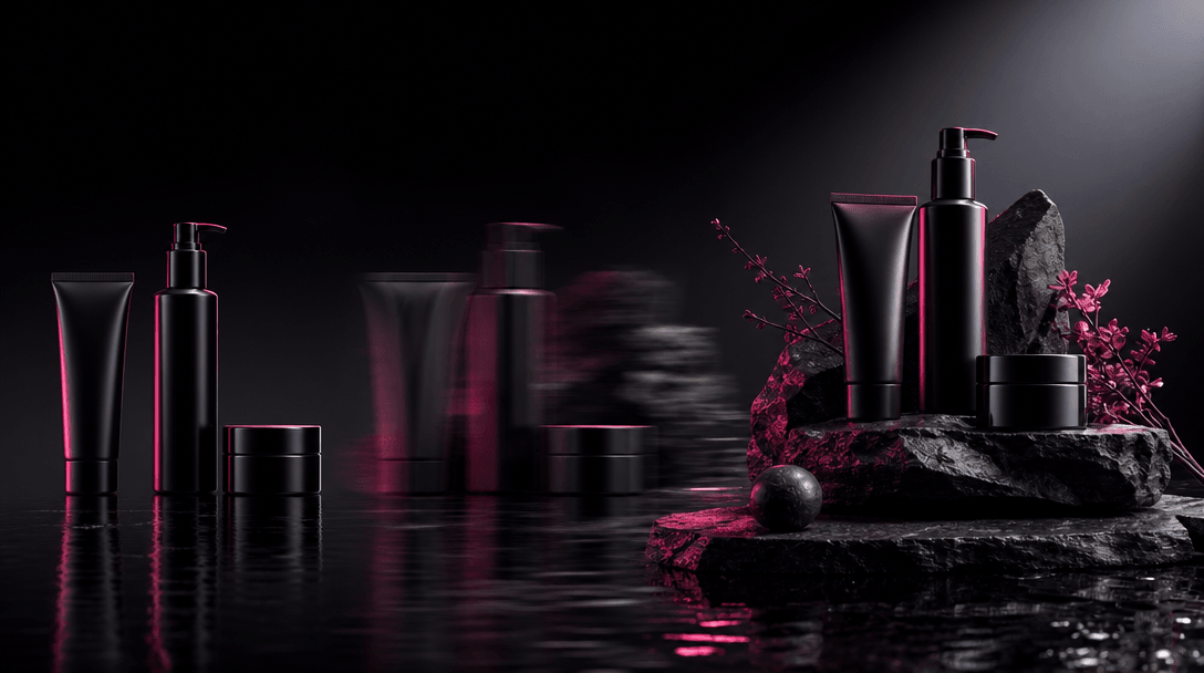 A premium beauty still life transforming from simple isolated product vessels into a polished campaign arrangement acros