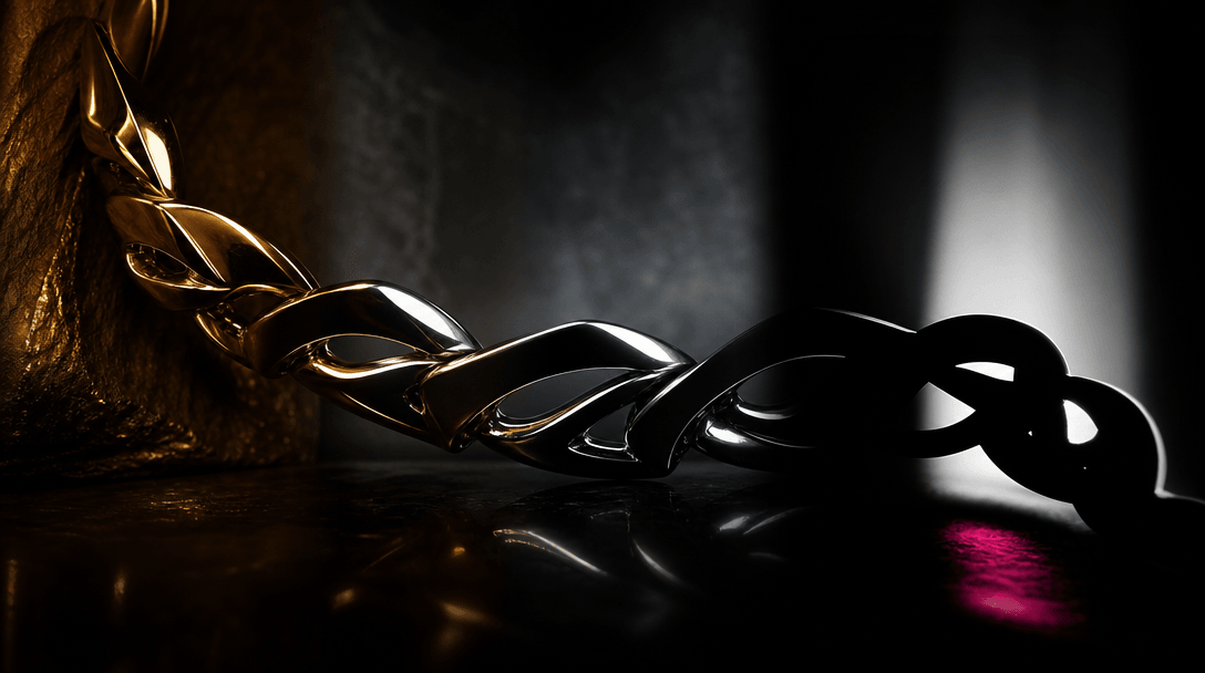 A jewelry-like metallic form passing through several zones of light, from warm gold to cool silver to high-contrast silh