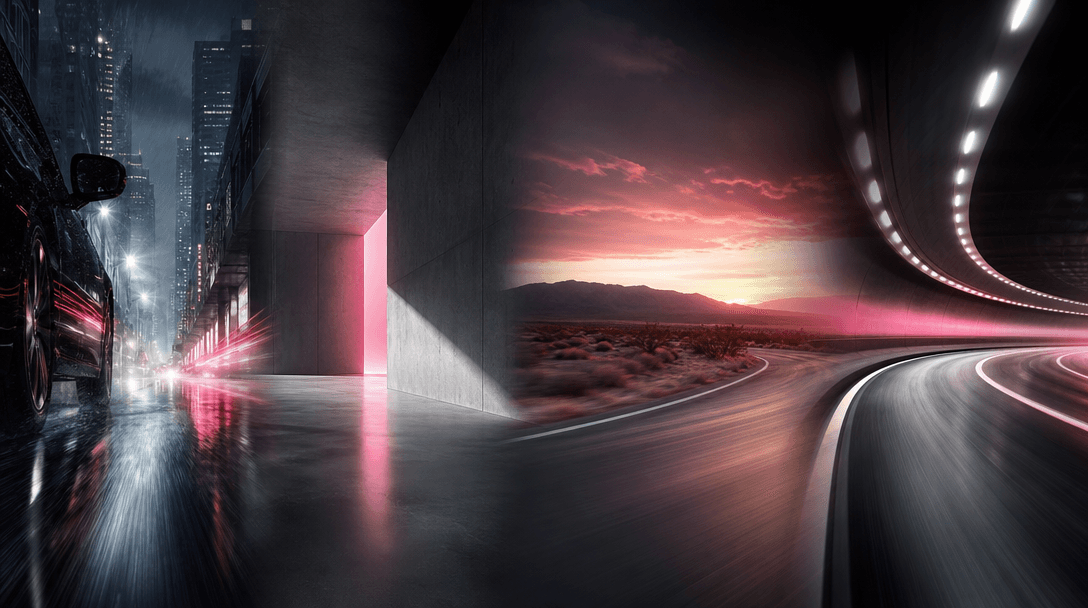 Four distinct automotive campaign environments blending across one wide cinematic scene: rain-slick city, minimal concre