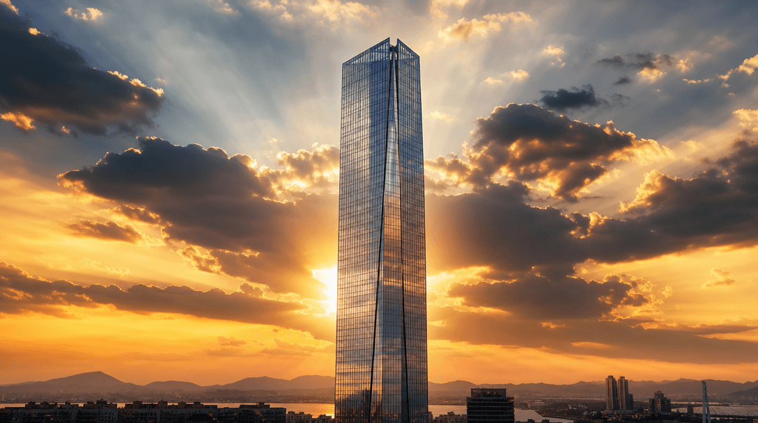 Wide cinematic image of a completed slender glass tower at golden hour, crepuscular rays breaking through dramatic cloud